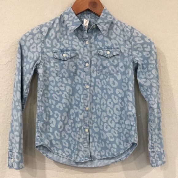 Cherokee Girls M 7/8 Leopard‎ Print Denim Button Up Shirt 100% Cotton - Picture 1 of 10